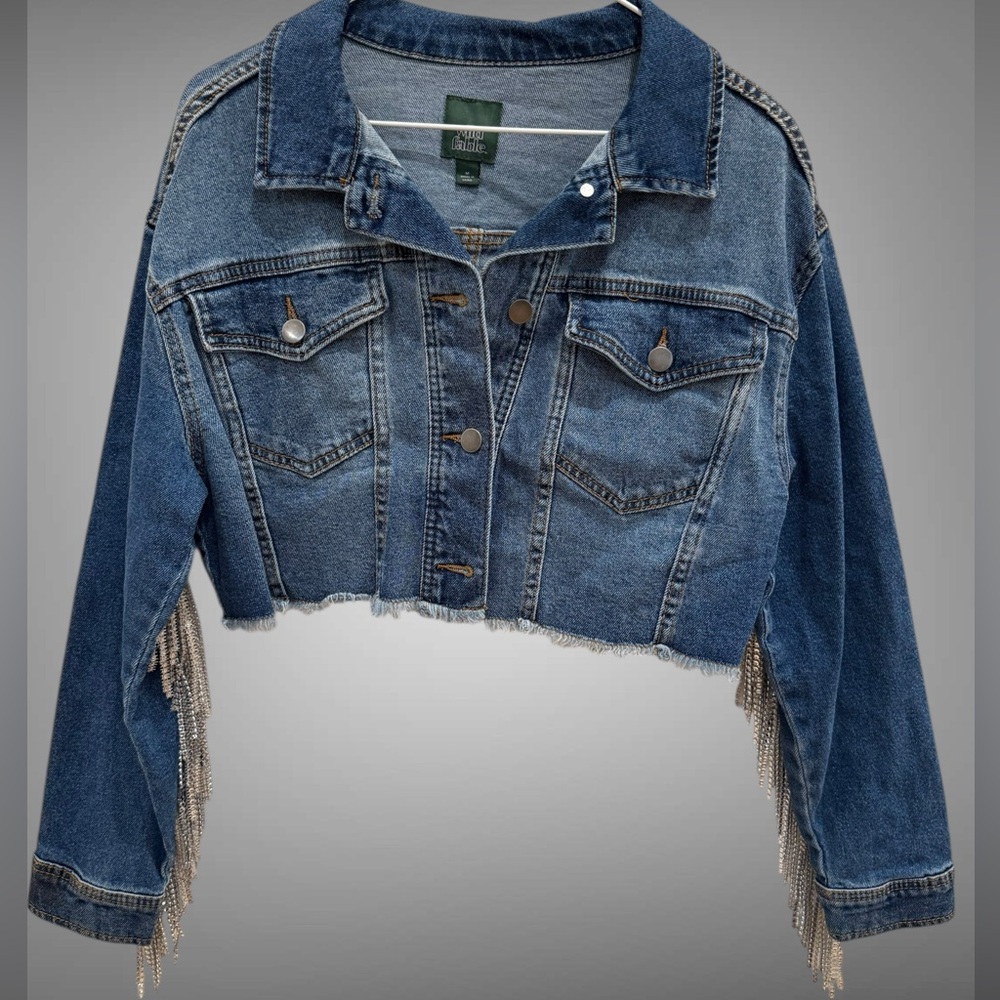 Blue Denim Cropped Jacket with Rhinestone Fringe Size Medium - Picture 4 of 8